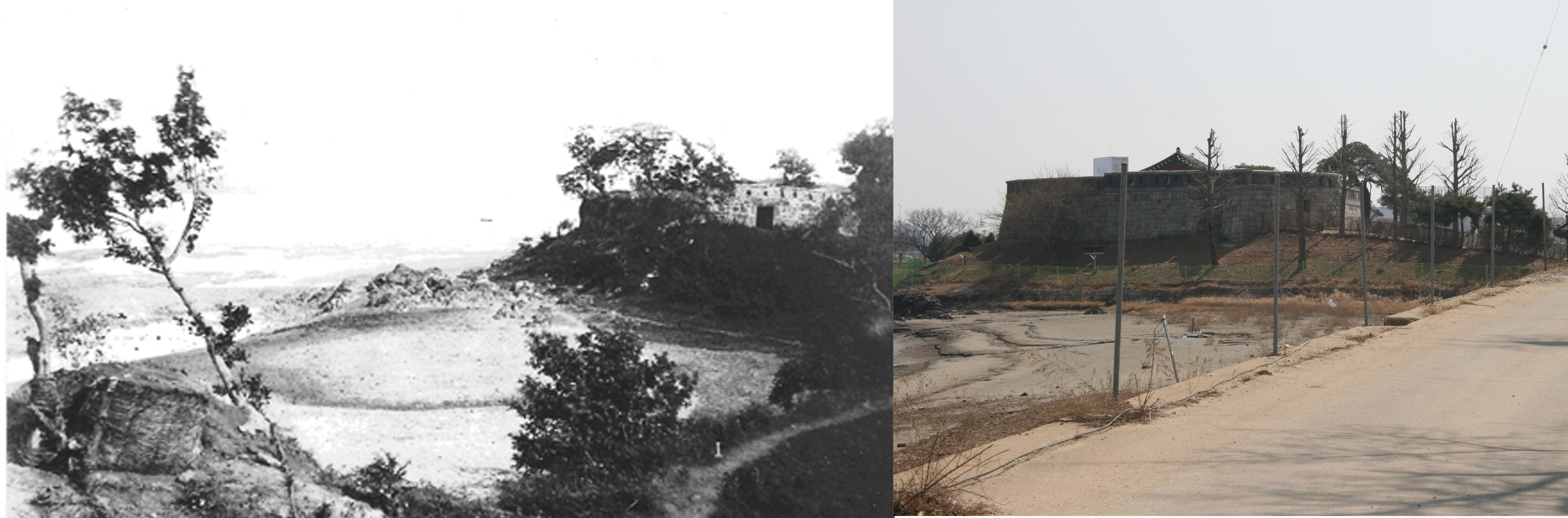 Choji Fort, exterior, entrance at NNW wall; Left--1871, Right--2021